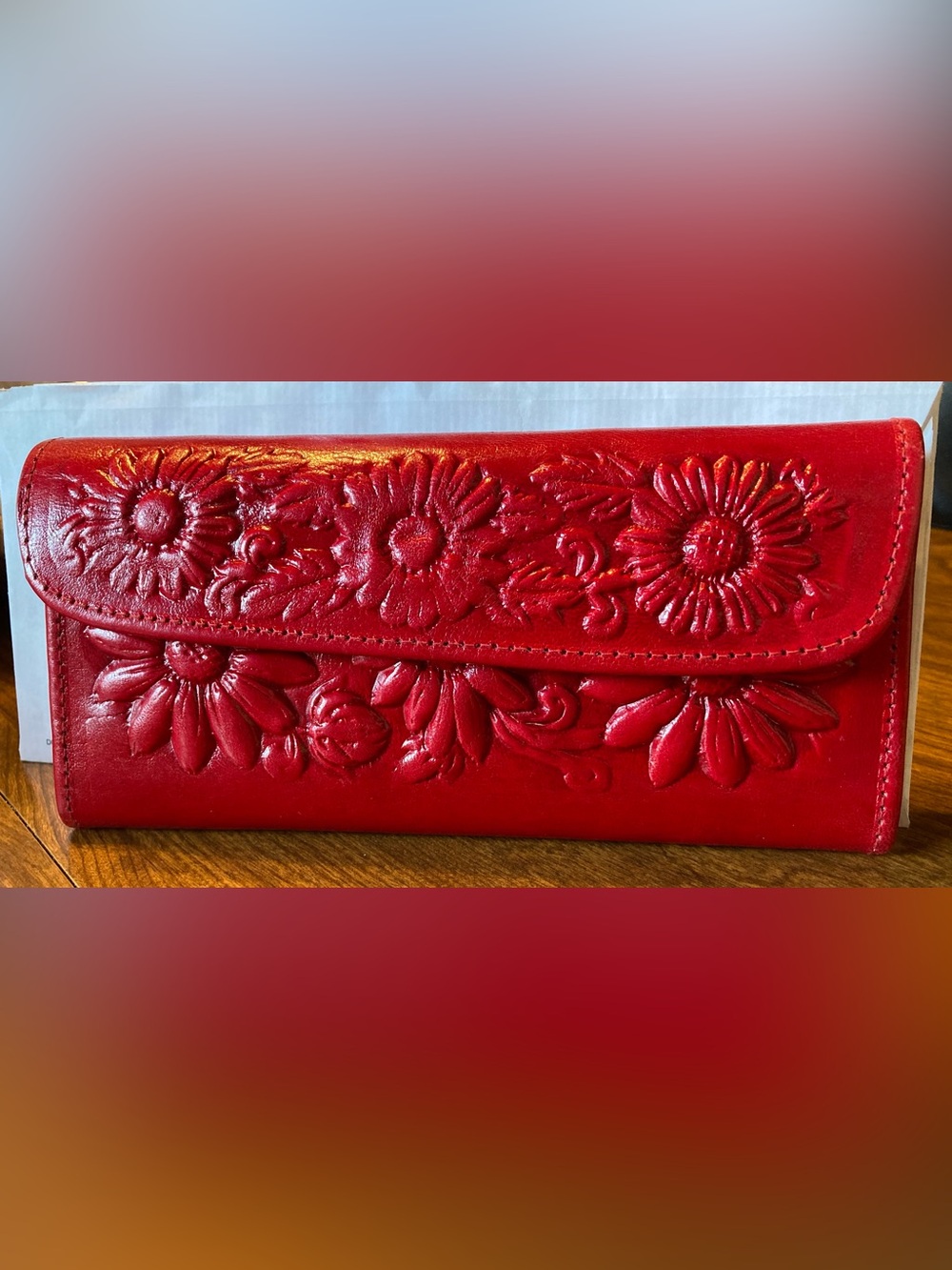 Hand-Tooled Floral Leather Wallet - Red Made In Mexico